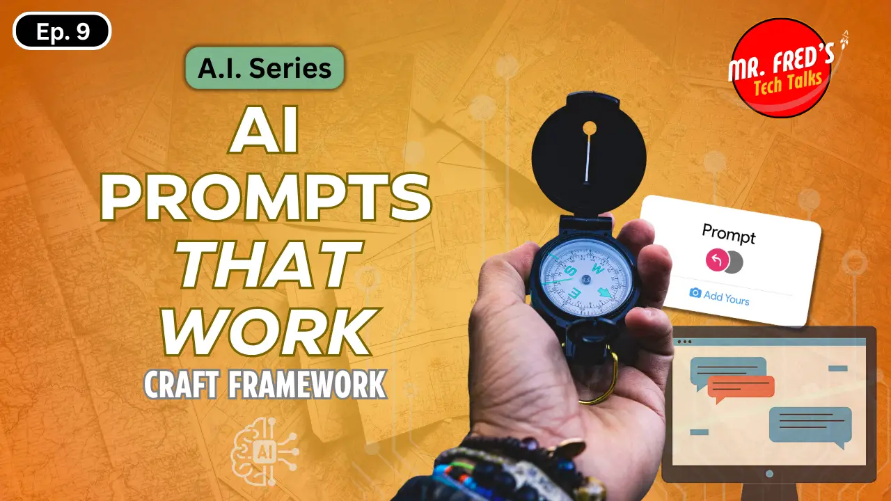 A image of a hand holding a compass with graphics of computer screens and AI prompt dialogue boxes