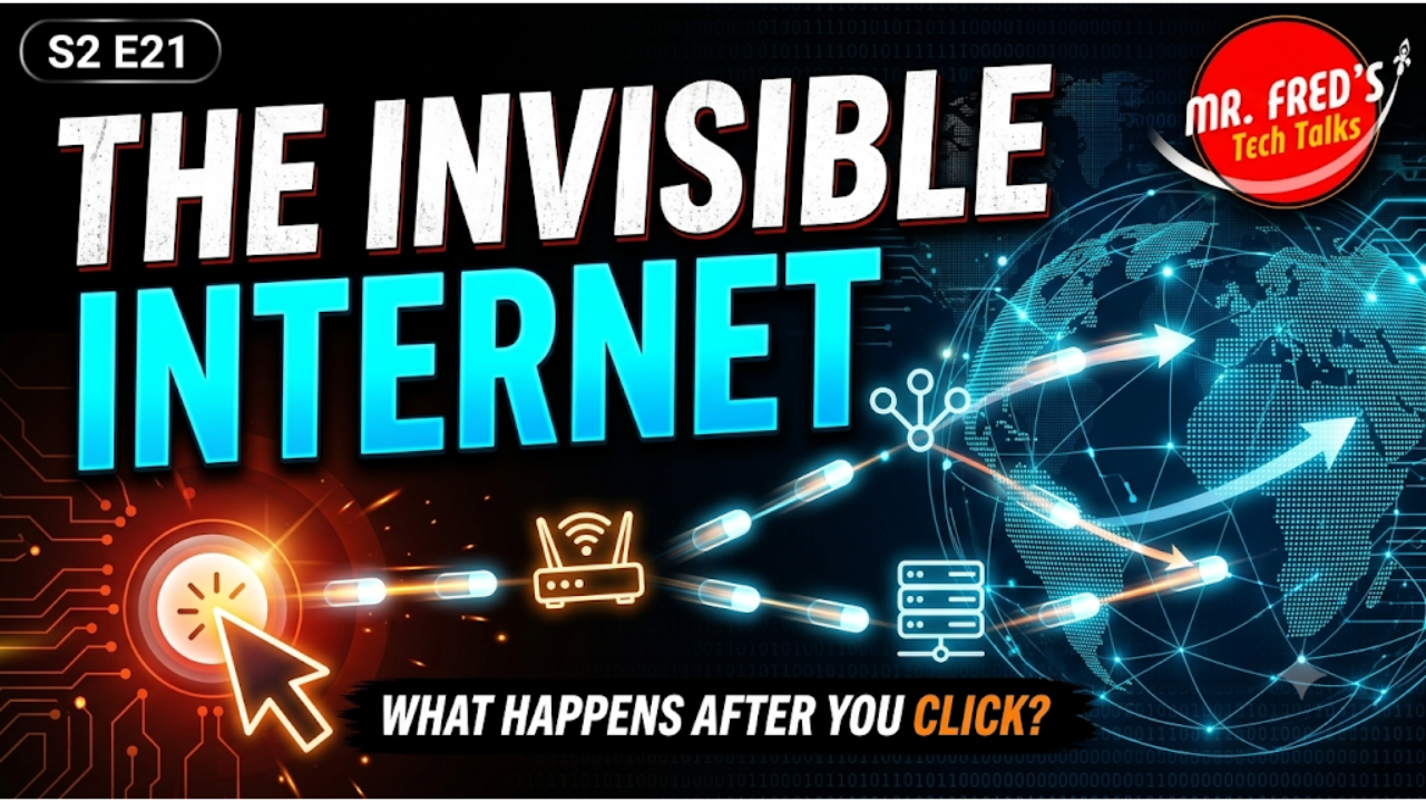 ouTube thumbnail for Season 2, Episode 21 of Mr. Fred’s Tech Talks titled “The Invisible Internet,” showing a glowing mouse click sending data through a router and server toward a connected digital globe, with the subtitle “What Happens After You Click?”