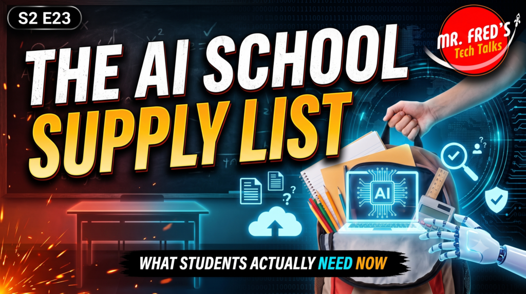 YouTube thumbnail for Mr. Fred’s Tech Talks Season 2, Episode 23, titled “The AI School Supply List,” featuring a backpack filled with traditional school supplies, a glowing AI laptop, and a robotic hand.