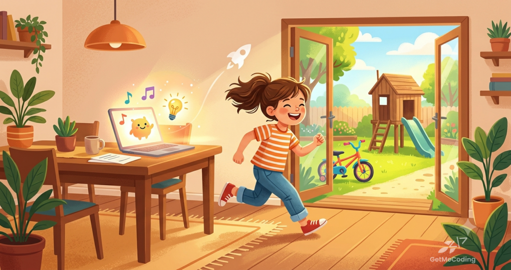 A child running from a laptop toward an open door to a backyard, illustrating AI as a launchpad for outdoor play at GetMeCoding.