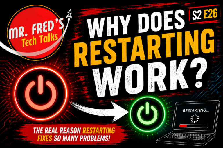 Mr. Fred's Tech Talks episode 26 thumbnail asking why restarting a computer works, with red and green power buttons and reboot graphics.