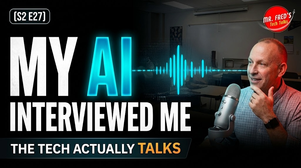 Mr. Fred with a podcast microphone beside an AI audio waveform for an episode about AI interviewing him on his first week back in the college classroom.