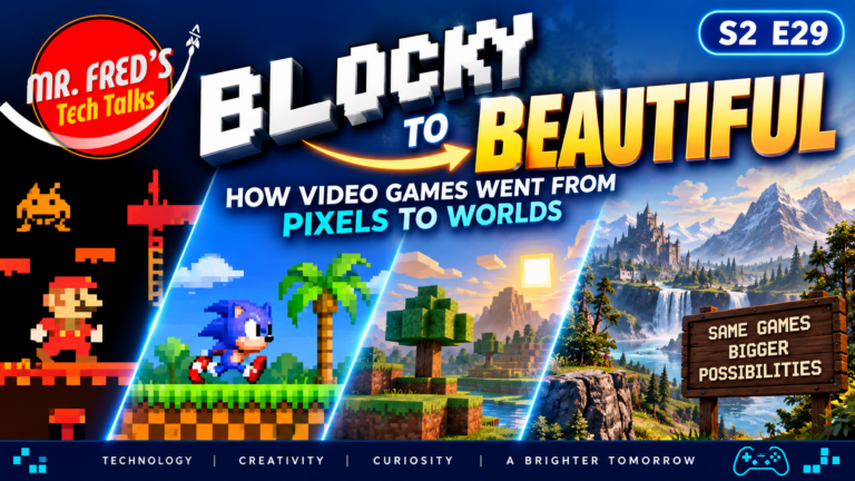 Mr. Fred’s Tech Talks Season 2 Episode 29 thumbnail showing the evolution of video game graphics from blocky pixel art to modern 3D worlds, titled “Blocky to Beautiful.”