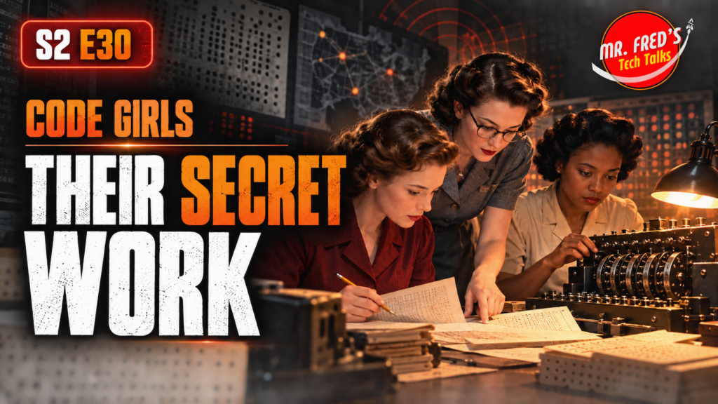 Code Girls podcast thumbnail showing three women breaking World War II codes beside the words Their Secret Work and the Mr. Fred’s Tech Talks logo.