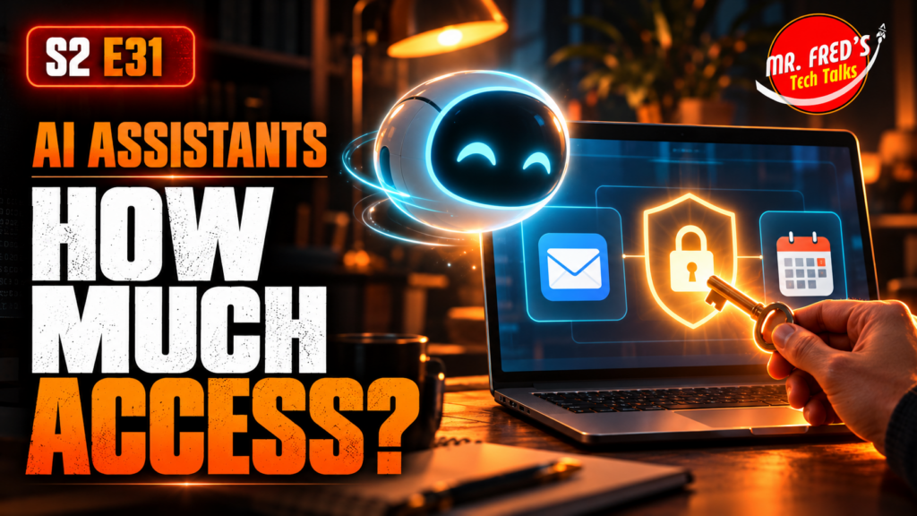 AI assistant safety: a friendly robot beside a laptop with a digital padlock and a hand holding a key. Mr. Fred’s Tech Talks, S2 E31.